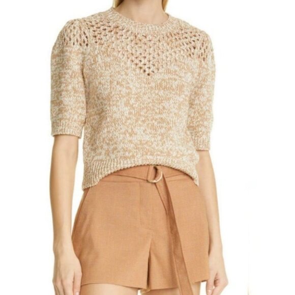 NEW Veronica Beard Crochet Knit Beige Tan Short‎ Sleeve Sweater Top Size Large L - Picture 2 of 12